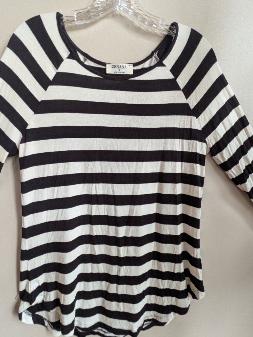 Zenana women's Small black white striped long sleeve top elbow patches #747